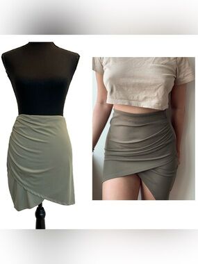 Olive Sage green ruched asymmetrical Wrap Mini Skirt Sz XL